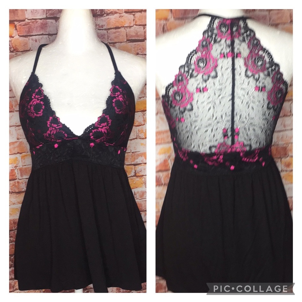 Tahari Black and Hot Pink Two Piece Lace Embellished Babydoll Pajama Set